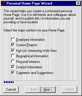 Personal Home Page Wizard menu