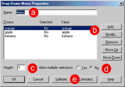 drop down properties menu